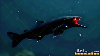 A dark deep sea fish swims forward with red eyes and an open mouth in blue water