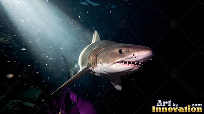 In deep ocean water, a white shark swims through a beam of light