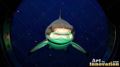 Swimming forward in the dark water, a shark faces a round porthole window