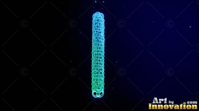 Ring-shaped green cells form a straight vertical sea creature in deep black water
