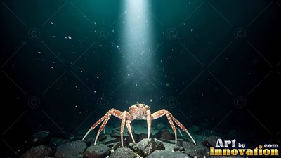 A spider crab crawls on the dark seabed under a single vertical beam of light