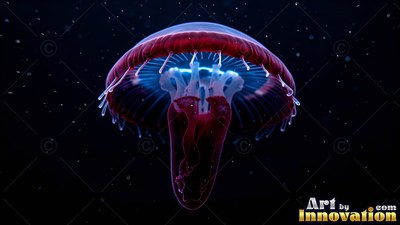 Floating upright in the dark sea, a red jellyfish lit with pale blue