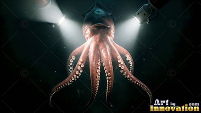 A reddish squid faces forward in dark water under two bright submersible spotlights