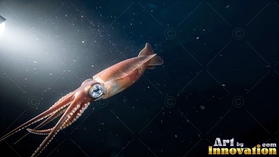Swimming into a white spotlight, a reddish squid moves through deep water