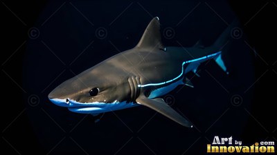 A shark swimming in dark water with bright blue lines on its side