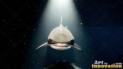 A wide snout leads a shark swimming straight forward under a cone of light in dark water