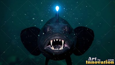 An anglerfish swims directly forward with open jaws under a bright blue lure