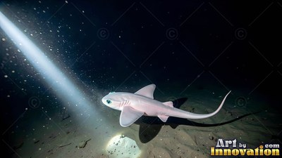 Swimming across the dark seafloor, a pale white shark enters a bright light beam