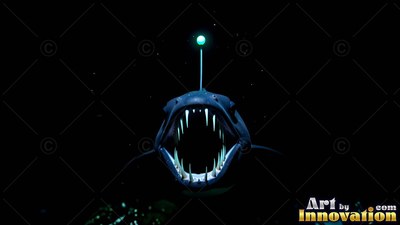 An anglerfish opens its toothy mouth wide beneath a teal lure in black water