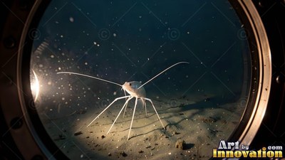 Outside a porthole on the dark seabed, a white tripod fish stands in the light