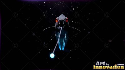 Opening its mouth wide, a black deep sea fish shines a bright lure in shadowy water