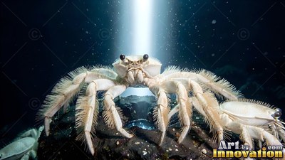 Hairy white crab perched on dark rocks under a bright beam of light