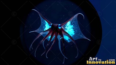 Bright blue patches under the webbed arms of a squid swimming in shadowy water