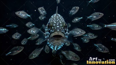 Facing forward, a spotted fish swims through shadowy water among a school of small fish