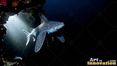 In dark ocean water, a spotted shark swims out from a rocky cave shadow