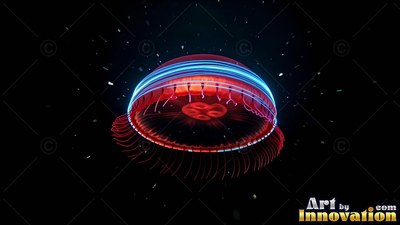 Drifting in dark water, a red jellyfish shines with blue light along its rim