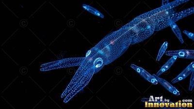 Spotted with tiny blue lights, a glass squid swims through pitch inky water