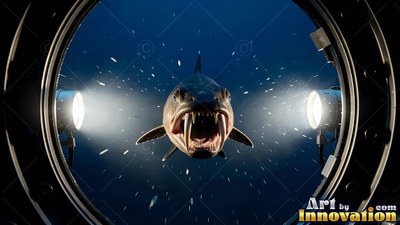 Facing forward outside a round porthole, a fanged fish swims in bright floodlights