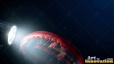 In deep the black water, a red jellyfish swims past a bright flashlight beam