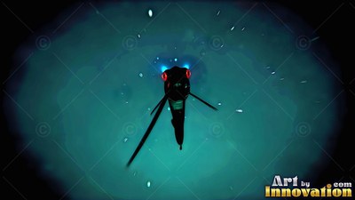 Swimming forward into dark teal water, a black deep sea fish stares with red eyes