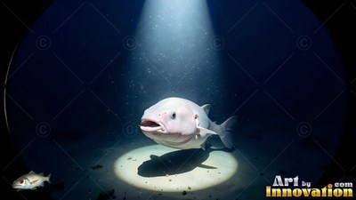 Pale blobfish swimming in a spotlight on the dark sea floor