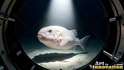 Pale pink skin of a round fish swims under a spotlight on the seabed seen through a porthole