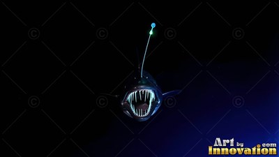 An anglerfish opens its toothy mouth under a small blue-green lure light