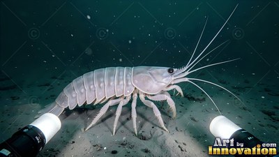 Crawling across the ocean floor, a pale giant isopod in flashlight beams