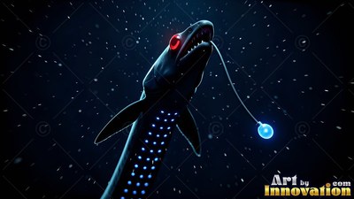 A black deep sea fish with red eyes swims upward with a small blue light dangling from its chin