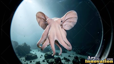 In deep ocean water, a pale pink octopus with large ears floats past a porthole