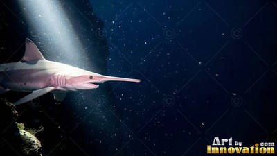Goblin shark swimming under a beam of light in dim water