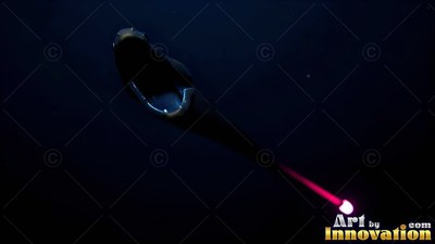 A wide open mouth on a black fish with a bright pink lure shining in dark water