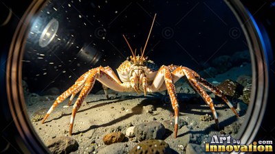 A spotted crab crawls across the dark seabed, lit by a bright flashlight beam
