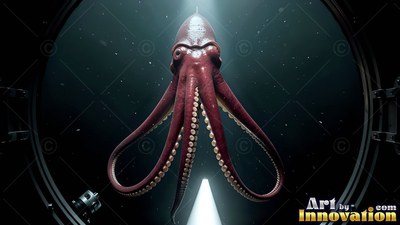 A reddish brown squid floats in shadowy water outside a round submarine window