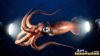 Swimming between two bright spotlights, a reddish-brown squid spreads its arms in deep dim water