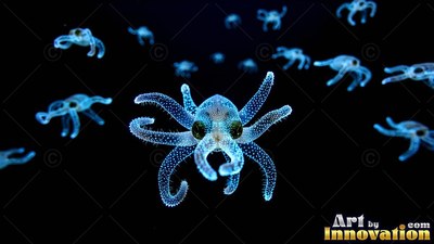 Spotted blue tentacles spread wide on a tiny octopus floating in dark ocean water