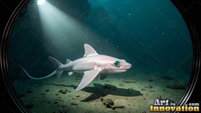 A pale chimera shark swims along the seabed under a beam of bright white light