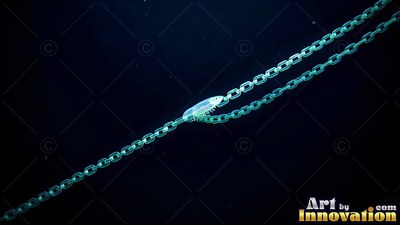 Clinging sideways to a metal chain in deep the black water, a pale sea bug crawls