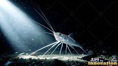 A pale tripod fish stands on long thin fins along the dark sea floor in a bright beam of light