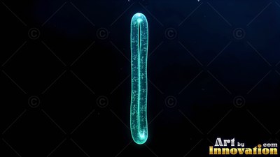 Drifting vertically in dark water, a slender tubular sea creature shines blue-green