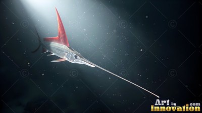 A swordfish with a red fin swims through the dark water with light from above