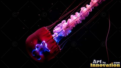 Red bell with long pink ruffled arms, a jellyfish drifts through deep black water