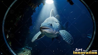 A large spotted fish swims forward through a beam of white light in deep water