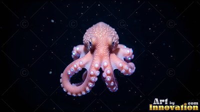 Facing forward in inky water, a small pink octopus curls its arms toward its head