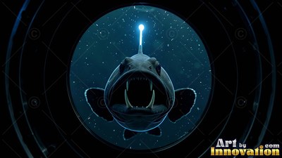 Outside a round submarine window, a dark anglerfish opens its sharp-toothed mouth