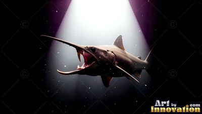 Swimming into a bright spotlight, a sawshark opens its toothed jaw in the dark sea