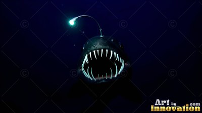 Anglerfish with sharp white teeth and a bright lure in the dark water