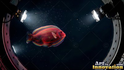 Fringed by colorful fins, a red fish swims in shadowy water lit by two round spotlights