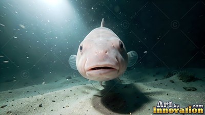 Facing forward over the shadowy ocean floor, a pale blobfish swims into a bright light beam