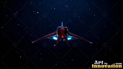 A reddish squid swims forward in dark ocean water with blue light under its arms